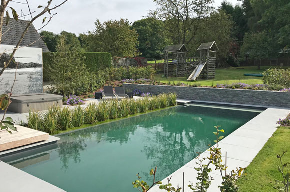 Optisch wie ein normaler Pool, nur komplett ohne Chlor und Chemie: Sogenannte Biopools reinigen das Wasser auf natürliche Weise.