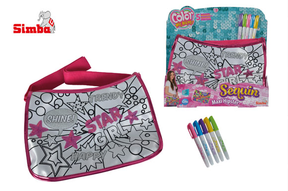 Auf der modischen Color Me Mine Sequin Maxi Hipster sind viele kleine Felder vorgezeichnet, die mit den 5 enthaltenen Farbstiften bemalt werden können.