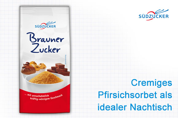 Mit Südzucker Brauner Zucker lässt sich u. a. cremiges Pfirsichsorbet, ideal als Nachtisch, kreieren.