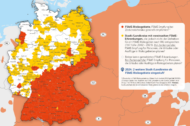 Aktuell gibt es 180 FSME-Risikogebiete in Deutschland – das sind mehr als 40 Prozent der Stadt- und Landkreise.
