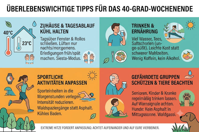 Extreme Hitze fordert Anpassung: Ob durch schattige Pl&auml;tze im Haus, angepasste Gassizeiten f&uuml;r Hunde oder die Pr&uuml;fung von Veranstaltungsabsagen - ein bewusster Umgang mit den Temperaturen ist an diesem Wochenende &uuml;berlebenswichtig.