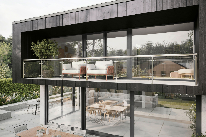 Großflächige Verglasungen mit matten Profilen prägen die moderne Architektur.