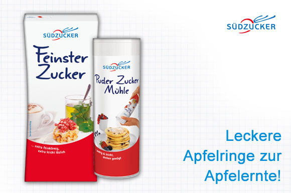 Mit Südzucker "Feinster Zucker" und der Südzucker "Puder Zucker Mühle" leckere Apfelringe kreieren.