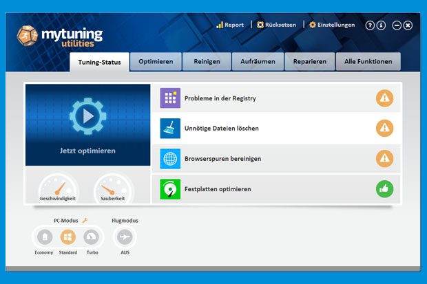 Der Tuningstatus zeig von mytuning utilities zeigt nach einer kurzen Überprüfung ihres Systems Optimierungsmöglichkeiten.