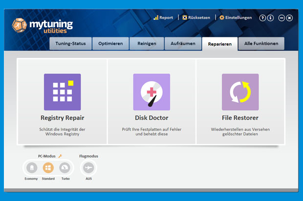 Neben Funktionen zur Optimierung des PCs stellt mytuning utilities auch Funktionen zur Wiederherstellung von Dateien oder zur Überprüfung von Festplatten zur Verfügung.