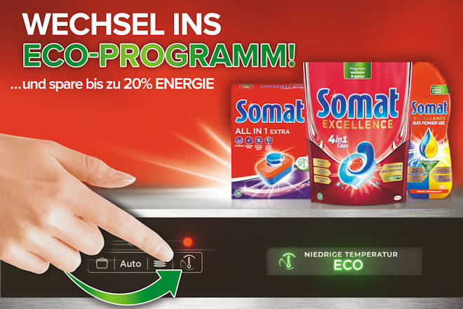 Die neuen Somat Reiniger von Henkel: Bis zu 20 Prozent Energie sparen durch den Wechsel ins Eco-Programm