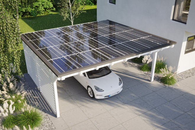 Umweltfreundliche Energie frei Haus: Mit einem Dach aus Photovoltaikelementen wird der heimische Carport zur privaten E-Tankstelle.