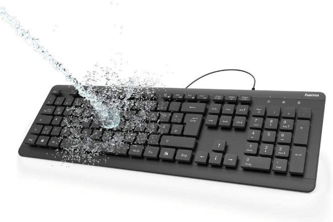 Die wasserfeste Tastatur "KC-600" von Hama trotzt Flüssigkeiten nach IPX7-Standard und hält sogar kurzzeitiges Untertauchen aus.