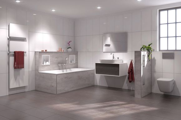 Für ein neues Badezimmer liegen helle Farben im Trend. Die Glaslaminatplatten eignen sich ideal zur Verkleidung von Wannen und Gestaltungselementen.