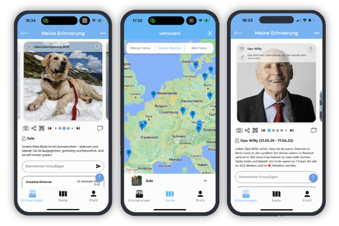 Ein Einblick in die venovani App: Mit venovani gibt es einen privaten Platz für gemeinsame digitale Erinnerungen an unvergessene Weggefährten.