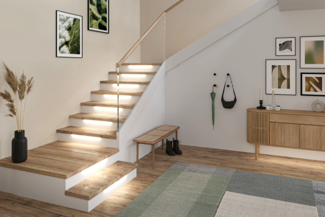 Sicher durch den Alltag: Eine Beleuchtung der Treppenstufen beugt Stürzen vor und setzt zugleich dekorative Akzente.
